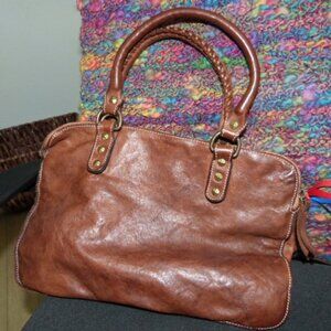 Costanza Rota Distressed Cognac Italian leather Triple pouch shoulder bag
